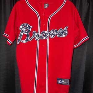 Majestic Braves Red Baseball Jersey with Navy & White Accents